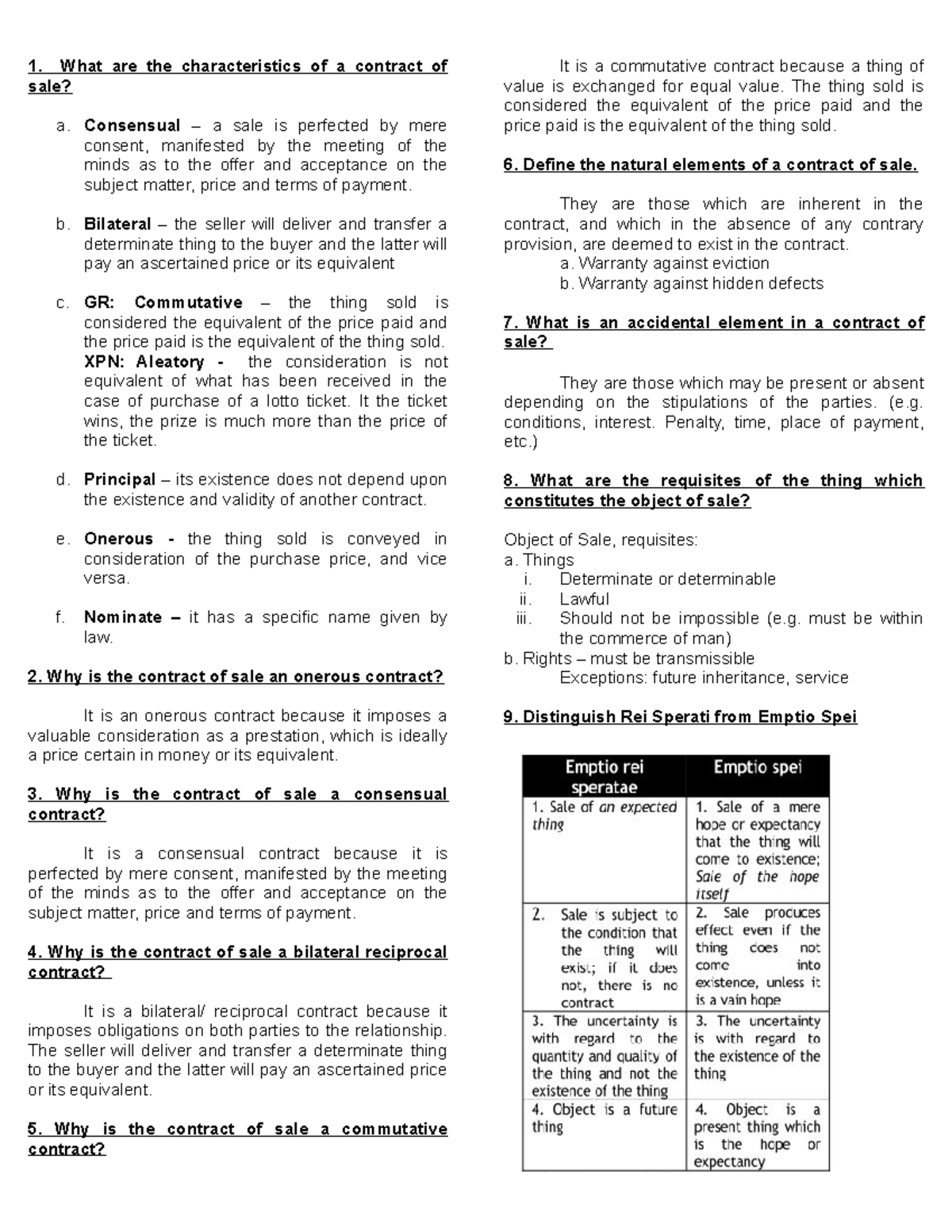 Sale - Notes - What are the characteristics of a contract of sale? a ...