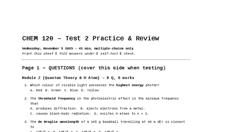 CHEM 120 Midterm 2 Practice Test Review Guide - Studocu
