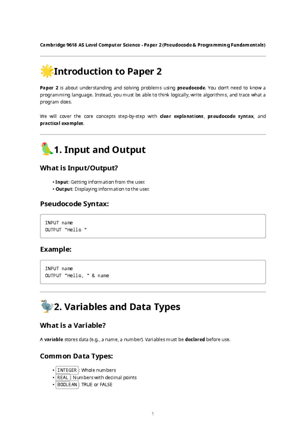Cambridge 9618 AS Level Computer Science Paper 2: Pseudocode Guide ...