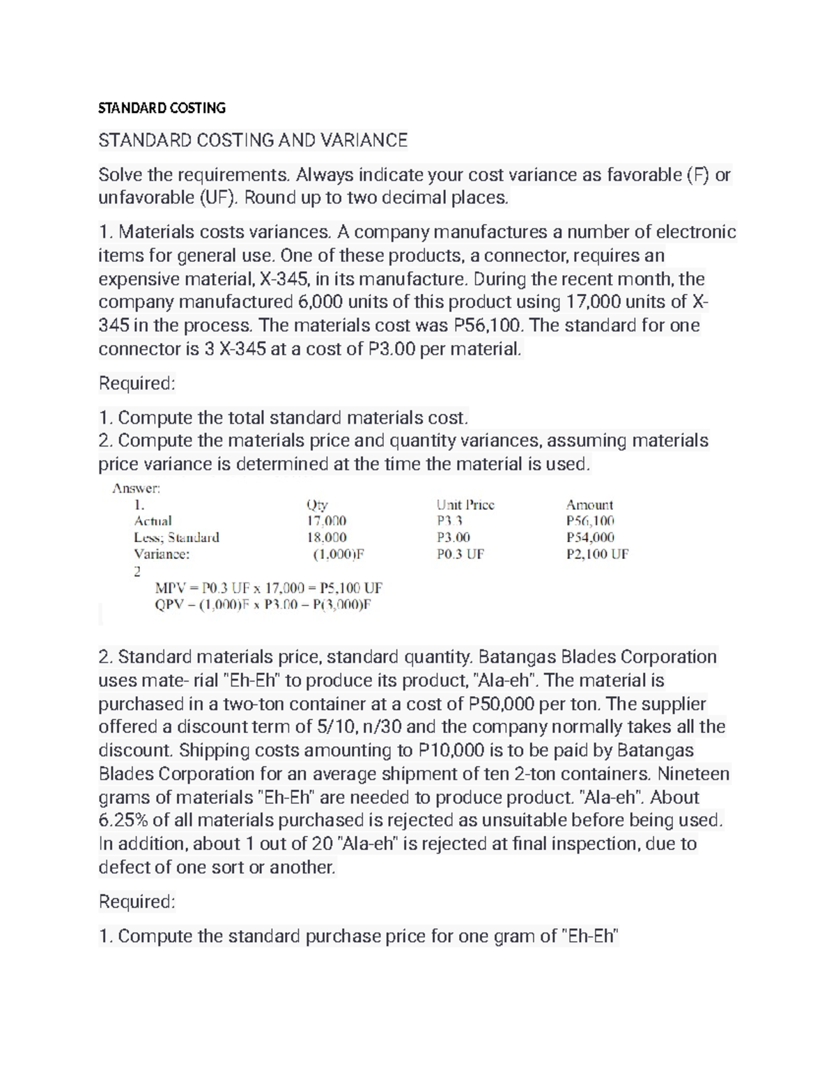 Standard Costing and Variance Analysis - Aca - Studocu