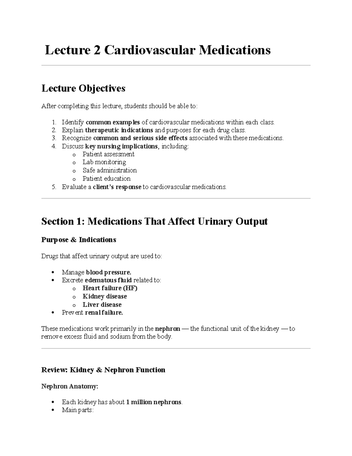 Lecture 2: Cardiovascular Medications Overview and Key Nursing ...