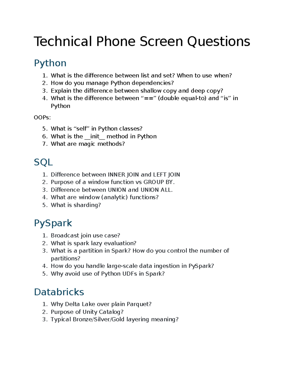 Technical Phone Screen Questions: Python, SQL, PySpark, Databricks ...