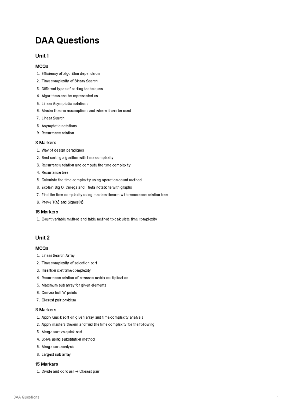 DAA Final Exam - Key Questions and MCQs for Units 1-4 - Studocu