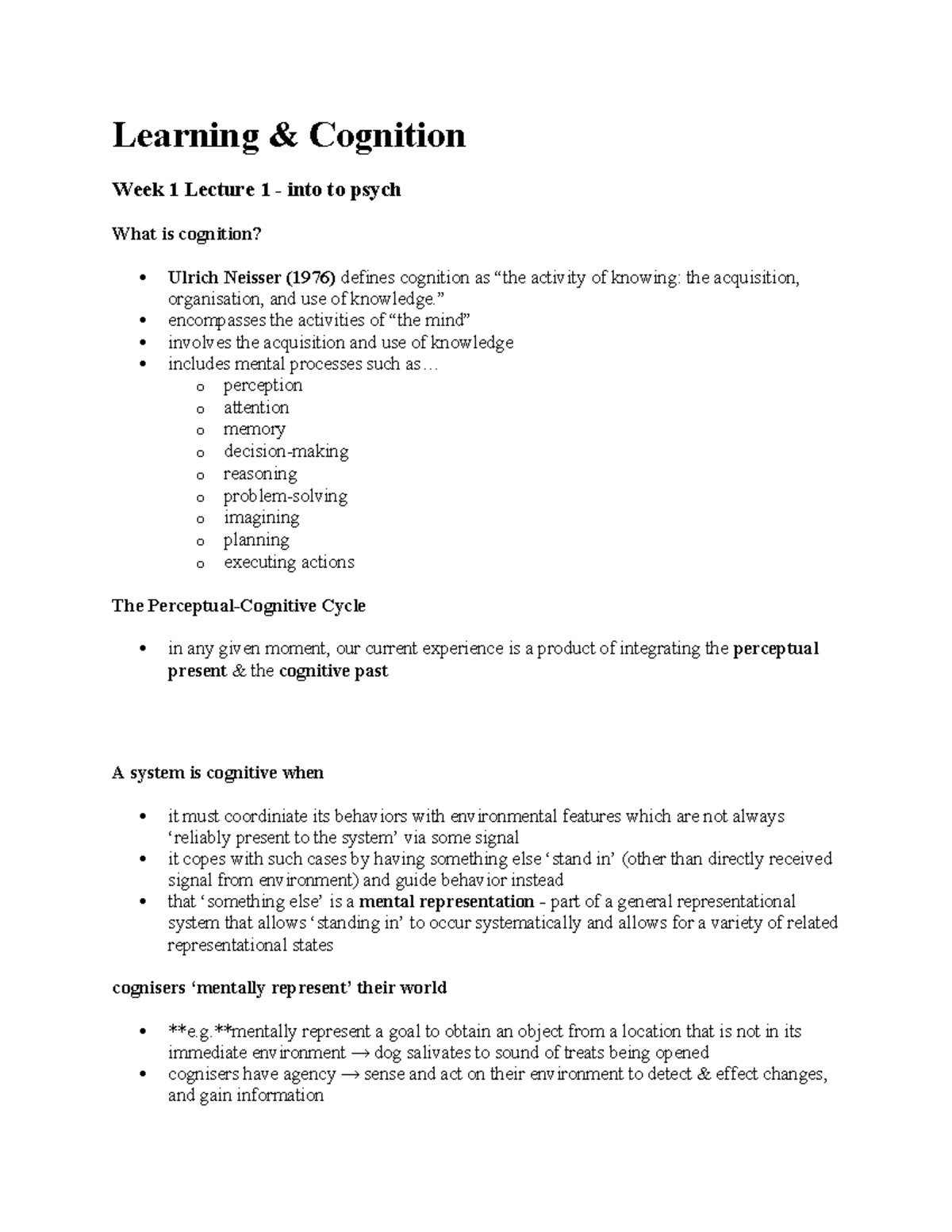 PSYC10003 week 1 lecture notes - Learning & Cognition Week 1 Lecture 1 ...