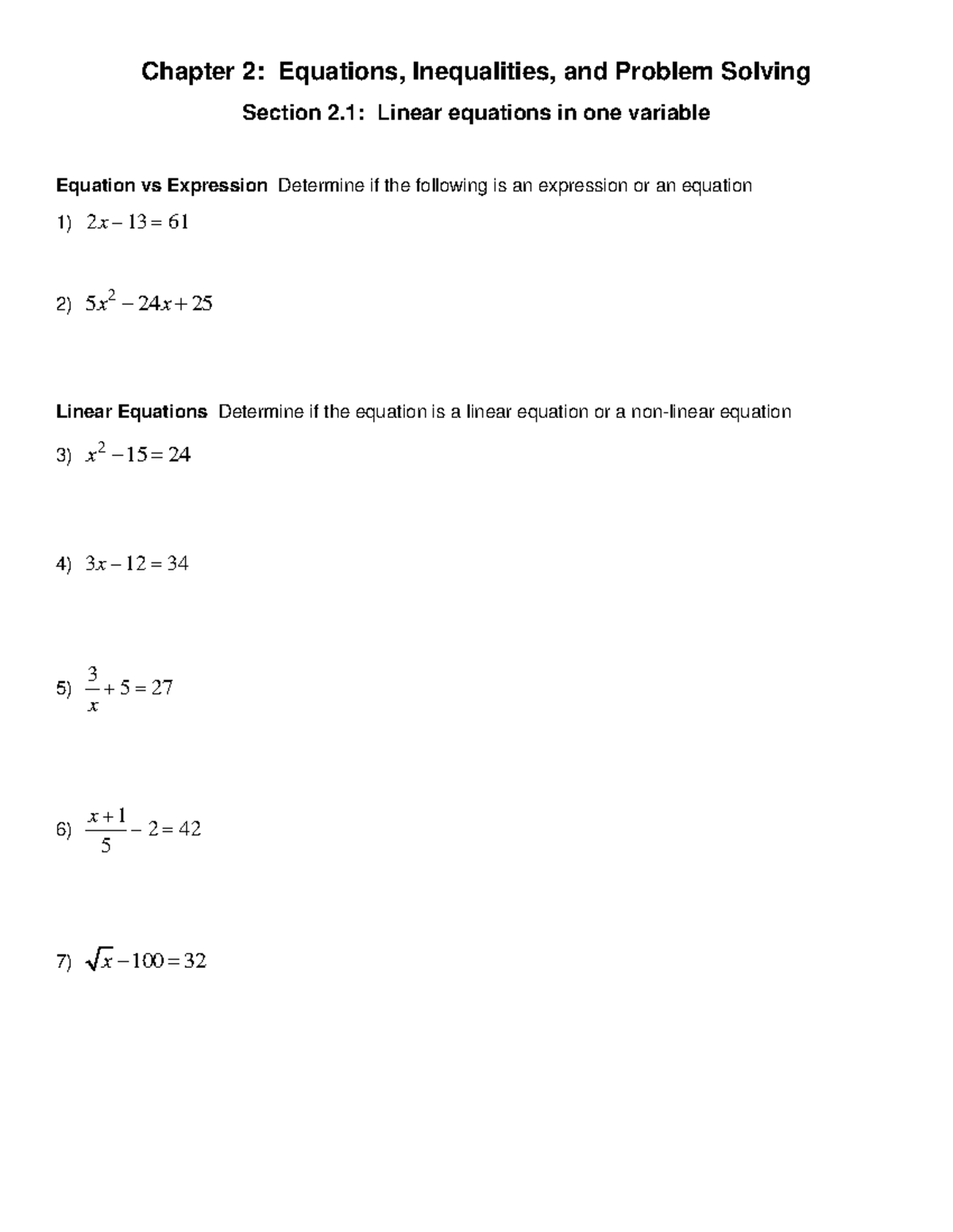 Chapter 2: Equations, Inequalities, and Problem Solving - Studocu
