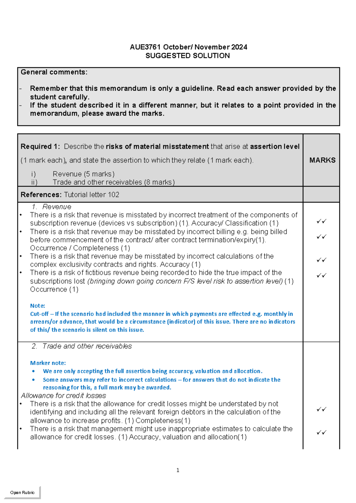 AUE3761 2024 Suggested Solutions for October/November Exam - Studocu