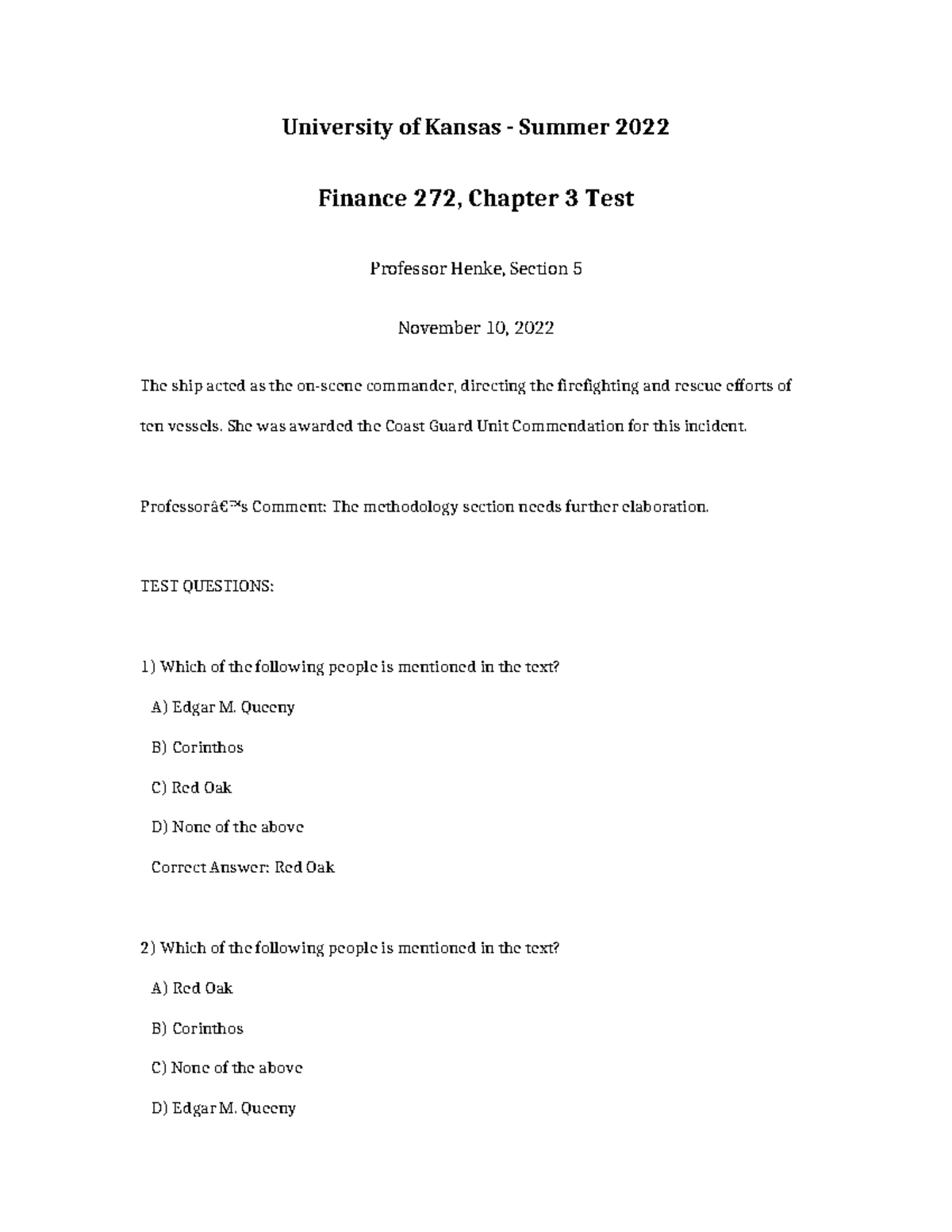 Finance 272 Summer 2022 Chapter 3 Test Review - Prof. Henke - Studocu