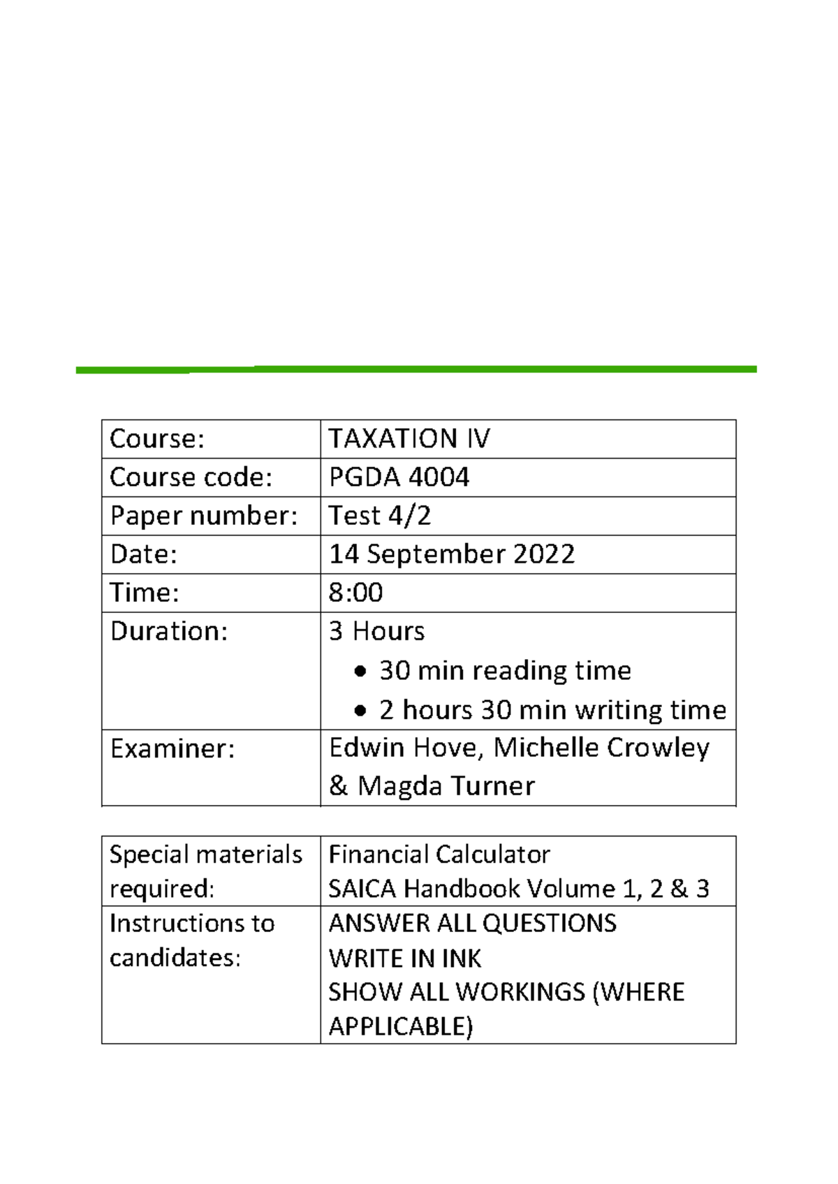 IAS PGDA 4004 Taxation IV Test - 14 September 2022 - Studocu
