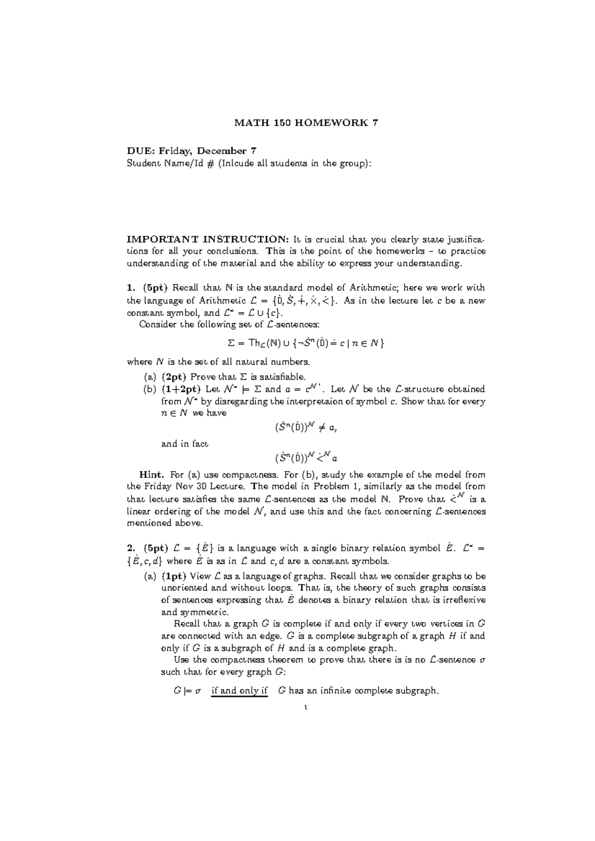 MATH 150 Homework 7: Justifications and Model Theorems - Studocu