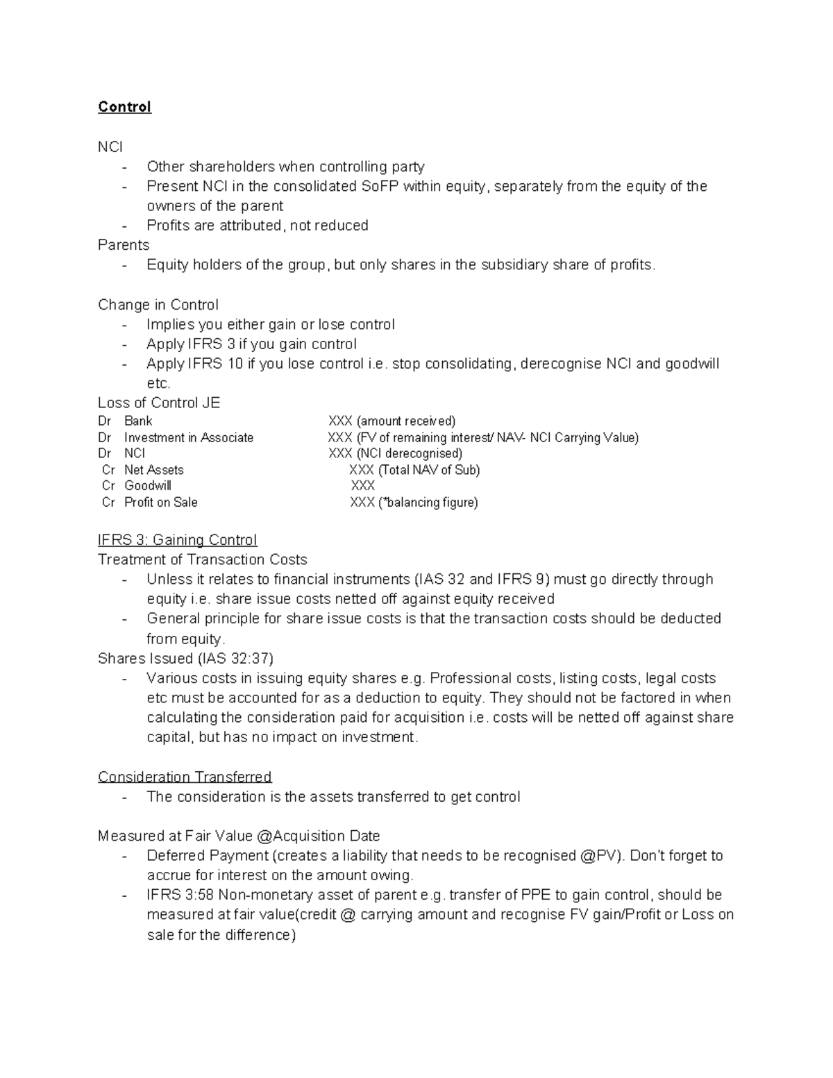 IFRS 3 & 10: Control, NCI, and Equity Transactions in Groups - Studocu