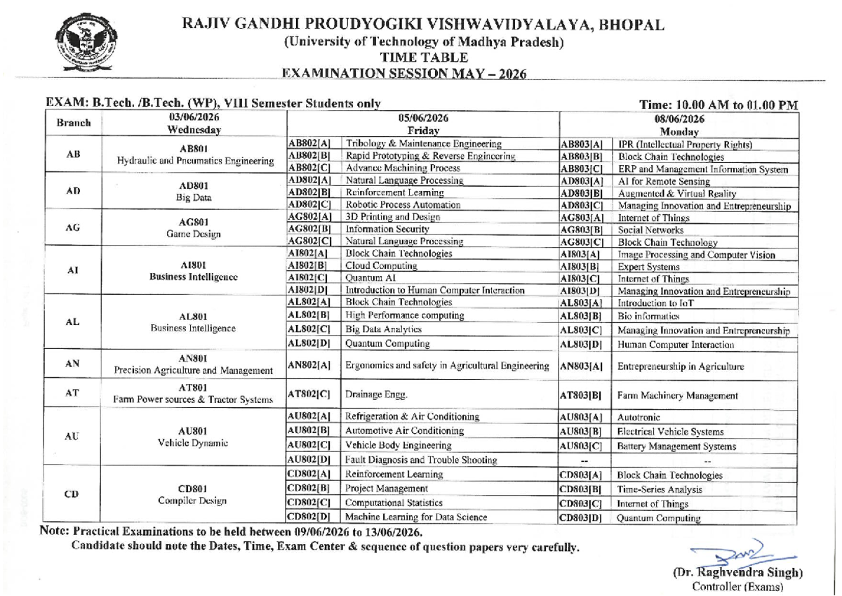 RAJIV GANDHI PROUDYOGIKI VISHWAVIDYALAYA, BHOPAL: Exam Time Table 2026 ...