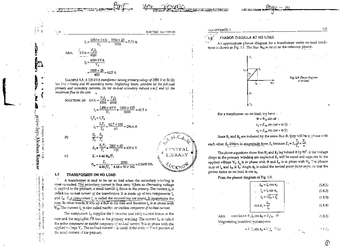 Transformer Notes: Phasor Diagrams and Efficiency Analysis - Studocu