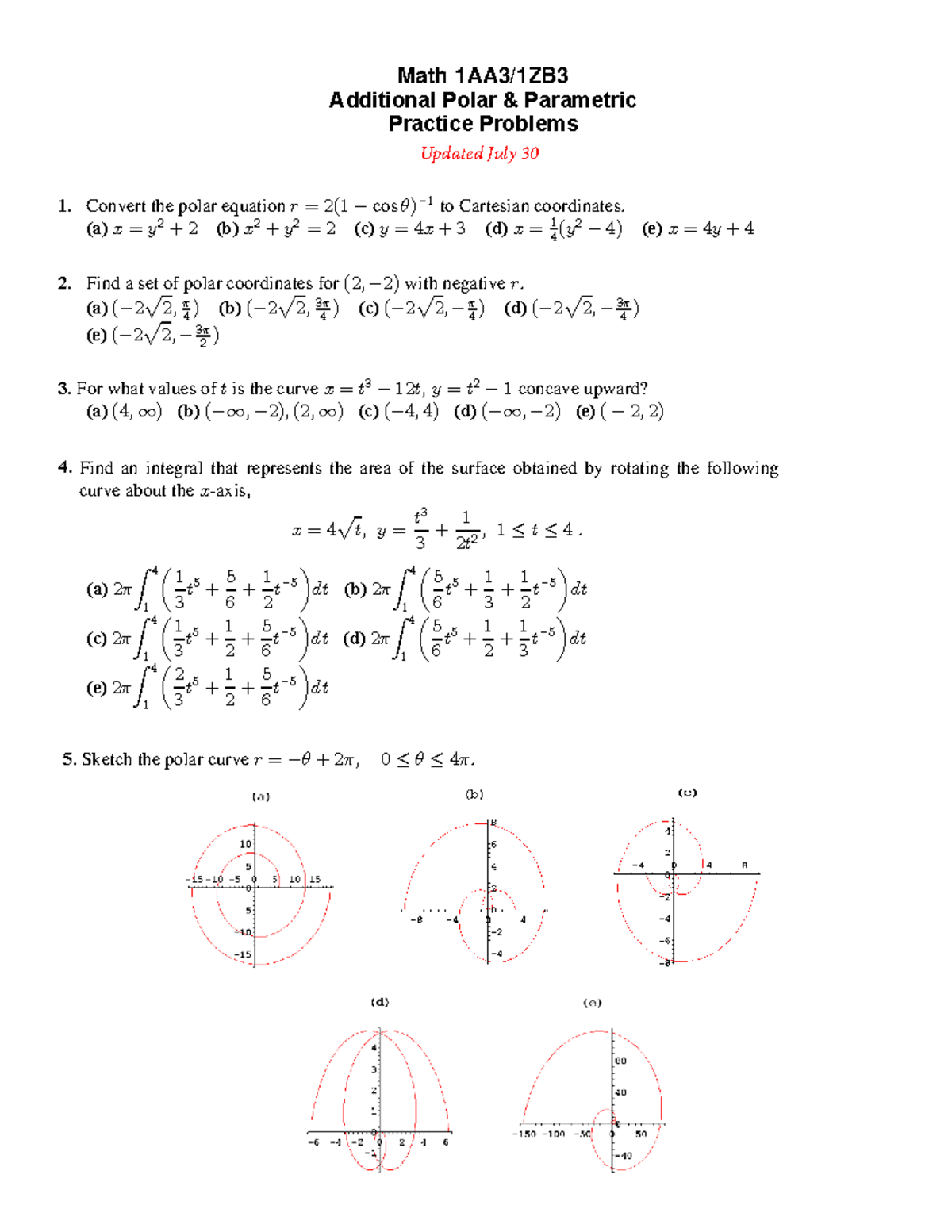 Math 101: Additional Polar-Parametric Practice Problems - Studocu