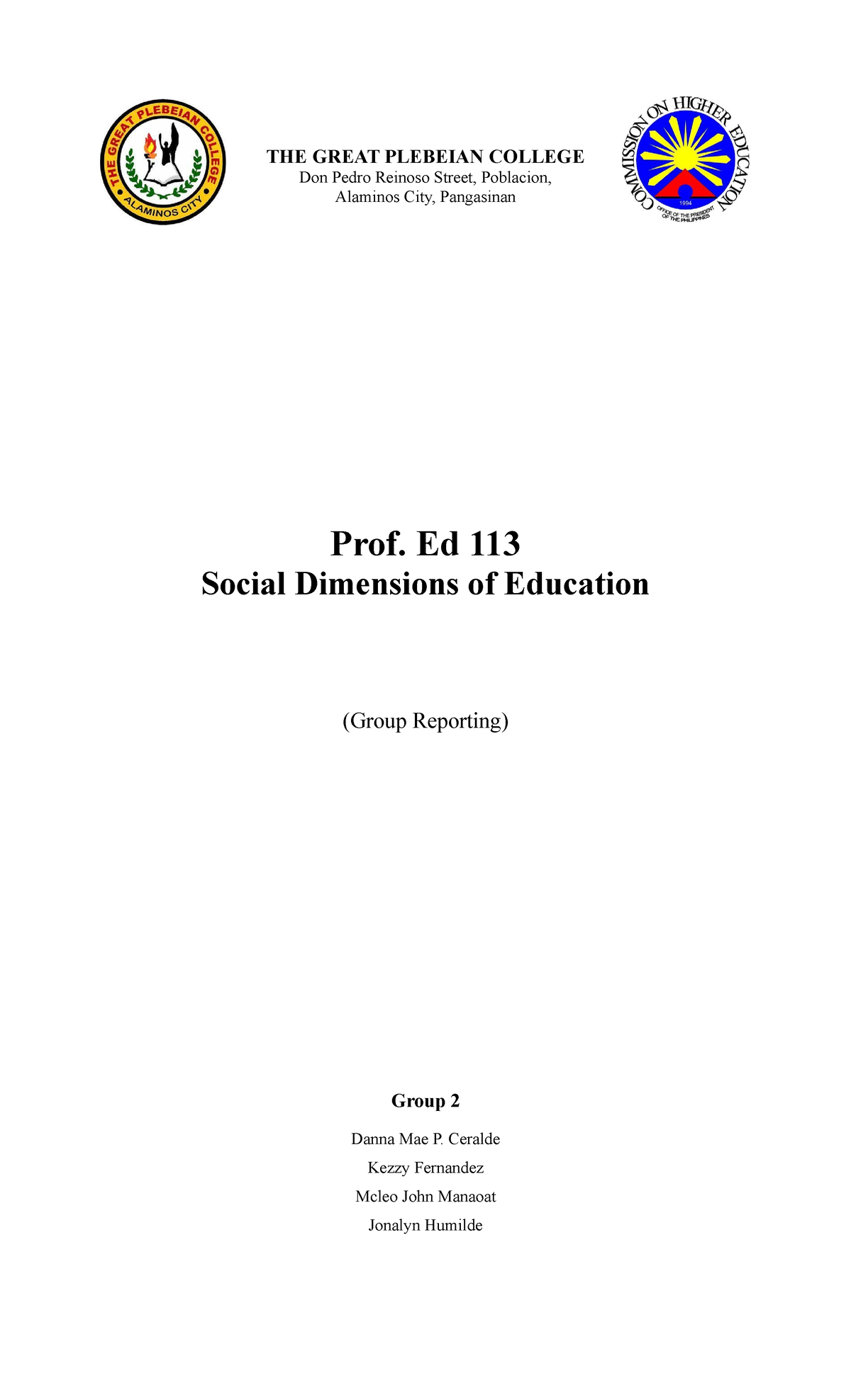 Prof. Ed 113 Group Report: Social Dimensions of Education - Studocu