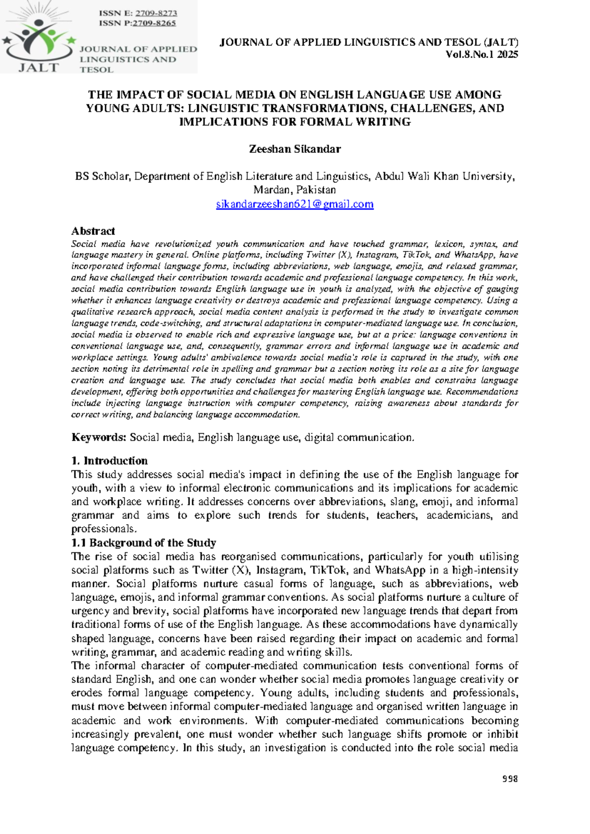 The Impact of Social Media on English Language Use: JALT Vol.8 No.1 ...