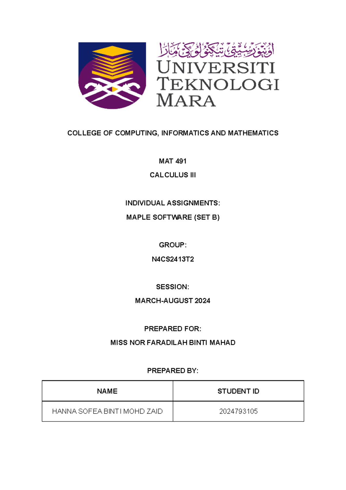 Indiviidual Assignment MAT 491 Calculus III - COLLEGE OF COMPUTING ...