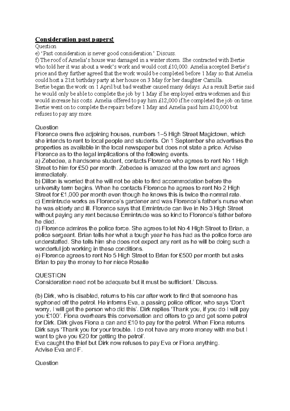Consideration in Contract Law: Exam Questions and Answers (2010-2014 ...