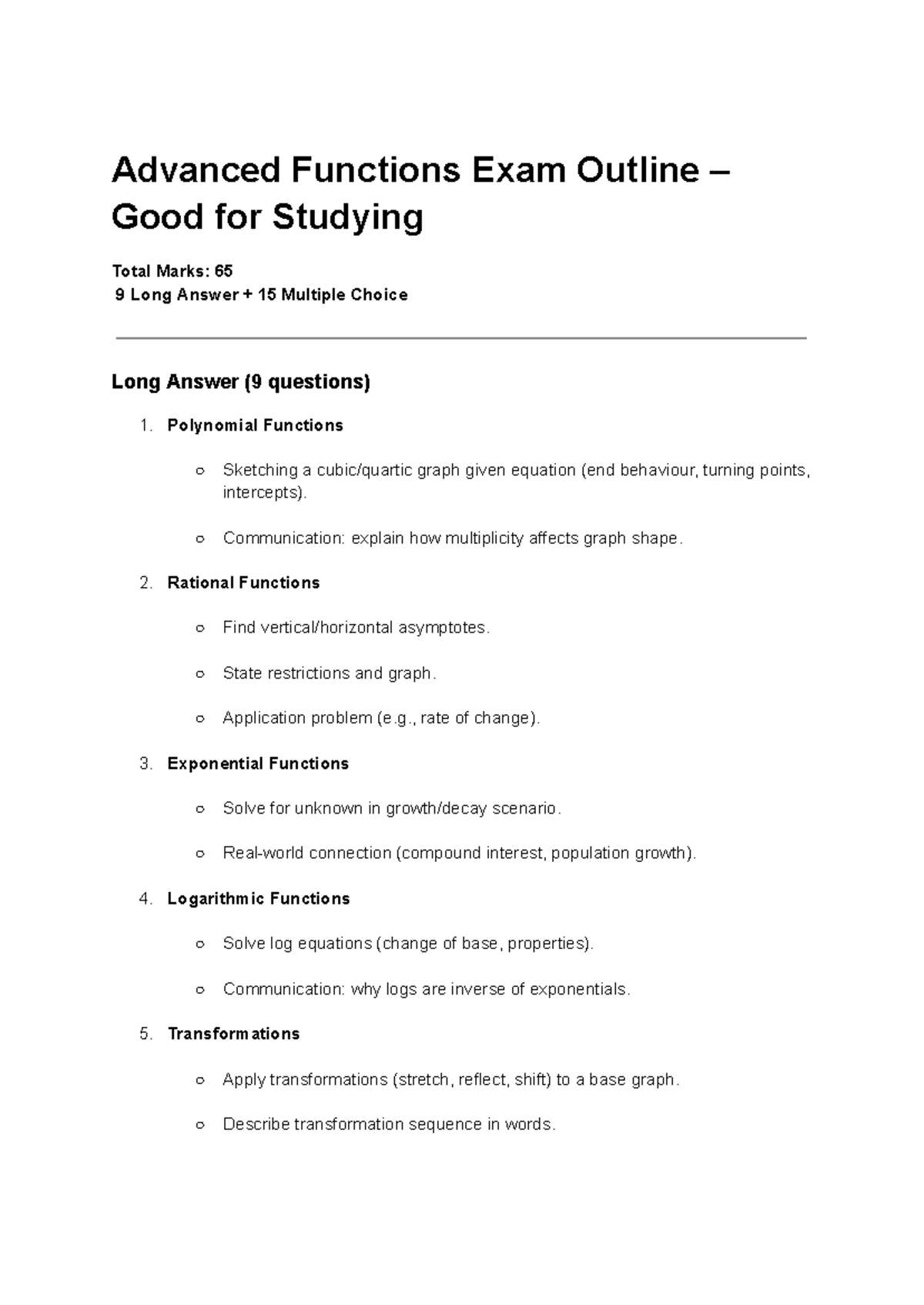 Advanced Functions Exam Outline (AFM 101) - Study Guide - Studocu