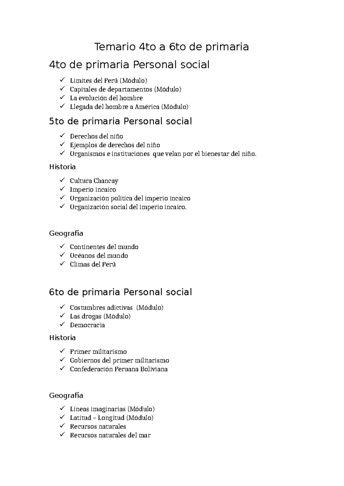 Temario de Personal Social y Geografía para 4to a 6to de Primaria - Studocu