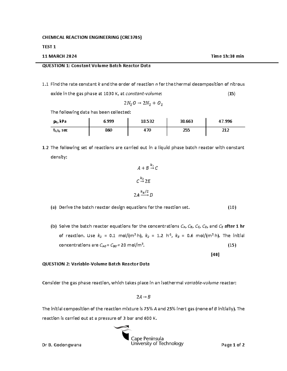 Test 1 Practice Questions and Solutions (CRE370S) - Chemical Reaction ...