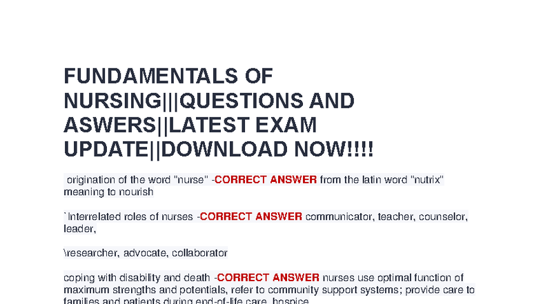 FUNDAMENTALS OF NURSING: EXAM REVIEW AND KEY CONCEPTS - Studocu