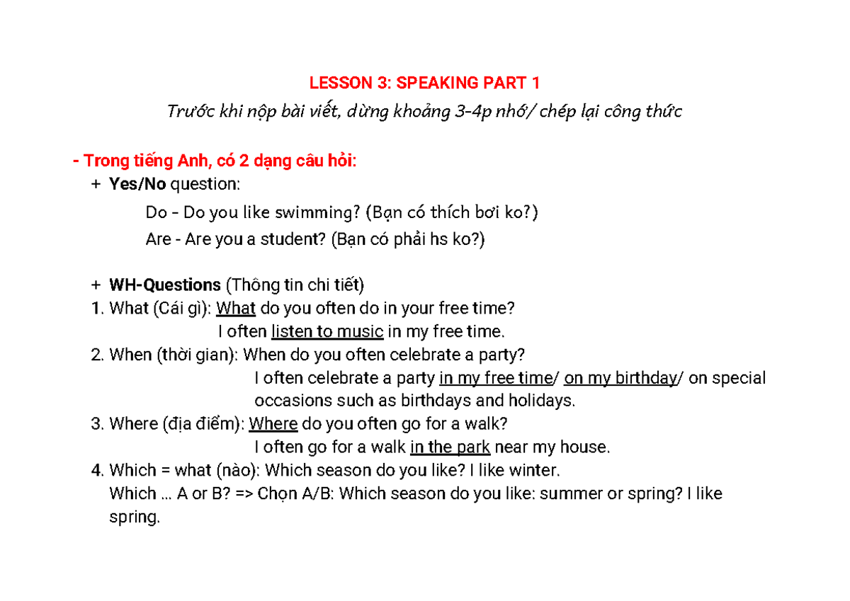 LESSON 3: SPEAKING PART 1 - QUESTION FORMATS AND RESPONSES - Studocu