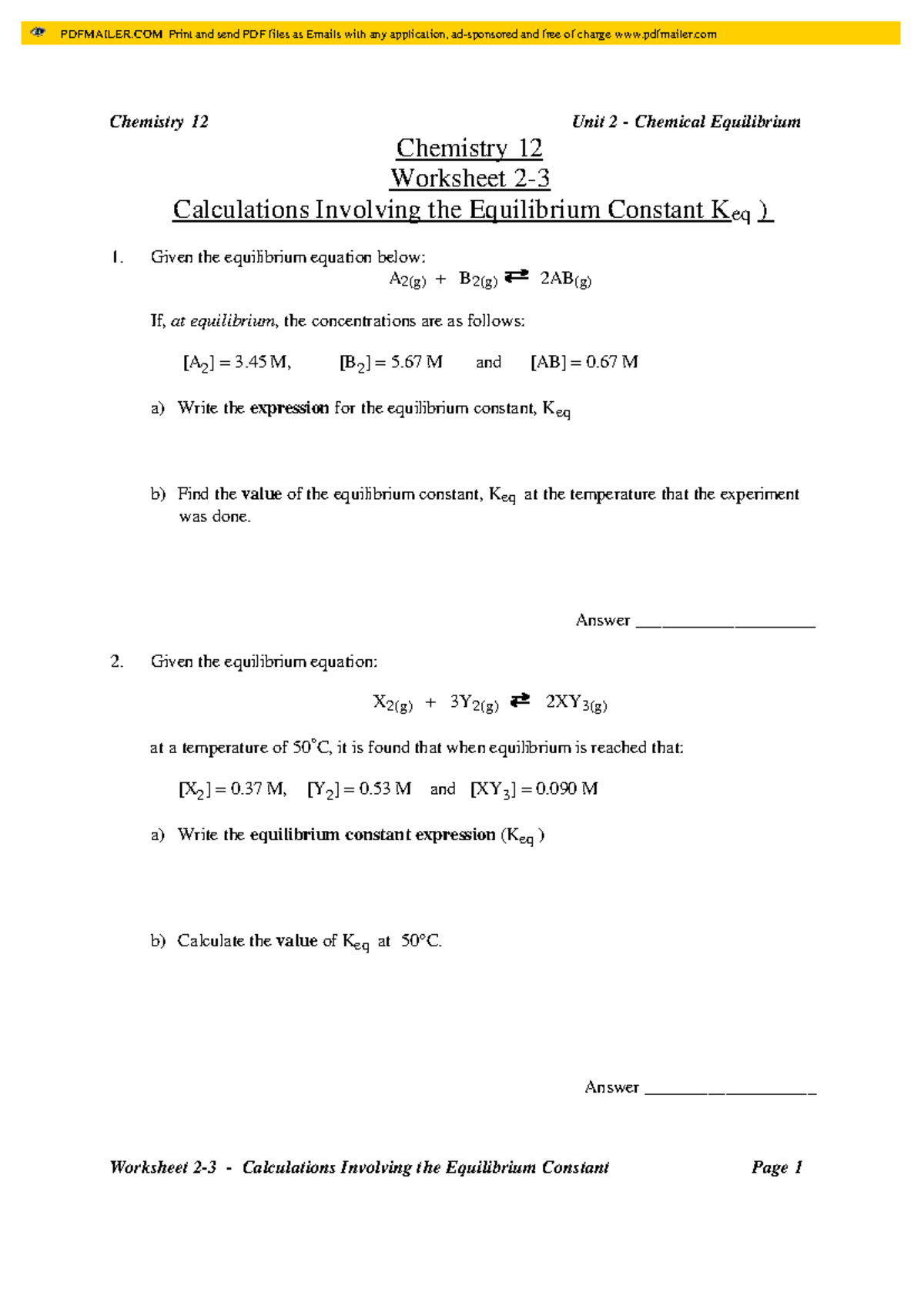 Chemistry 12 Unit 2 - Keq Equilibrium Practice Questions Worksheet ...
