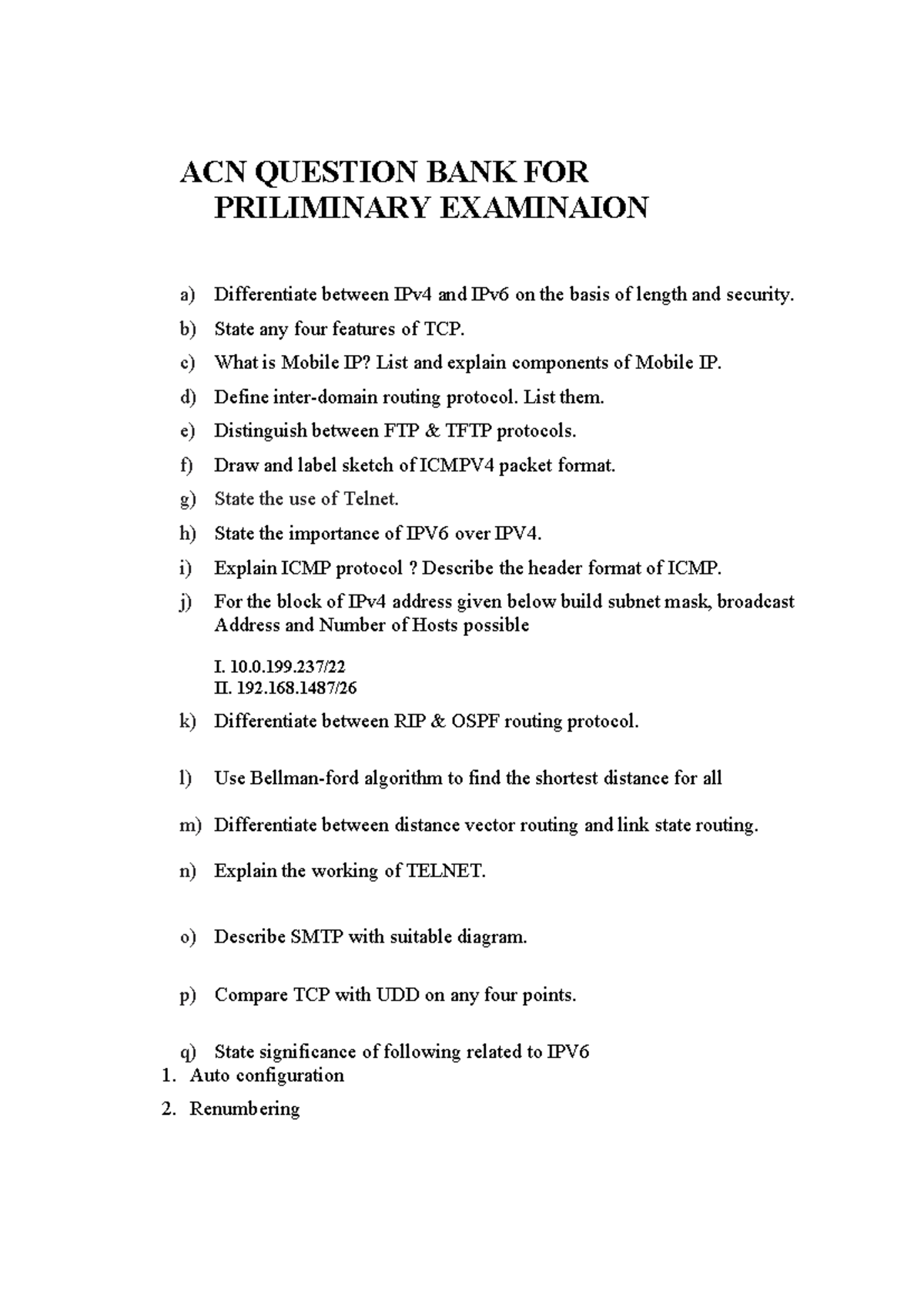 ACN QB Preliminary Exam - Networking Concepts and Protocols - Studocu