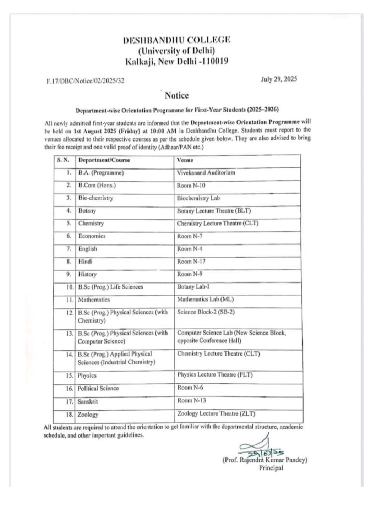 Orientation Programme Notice for New Students - DESHBANDHU COLLEGE ...