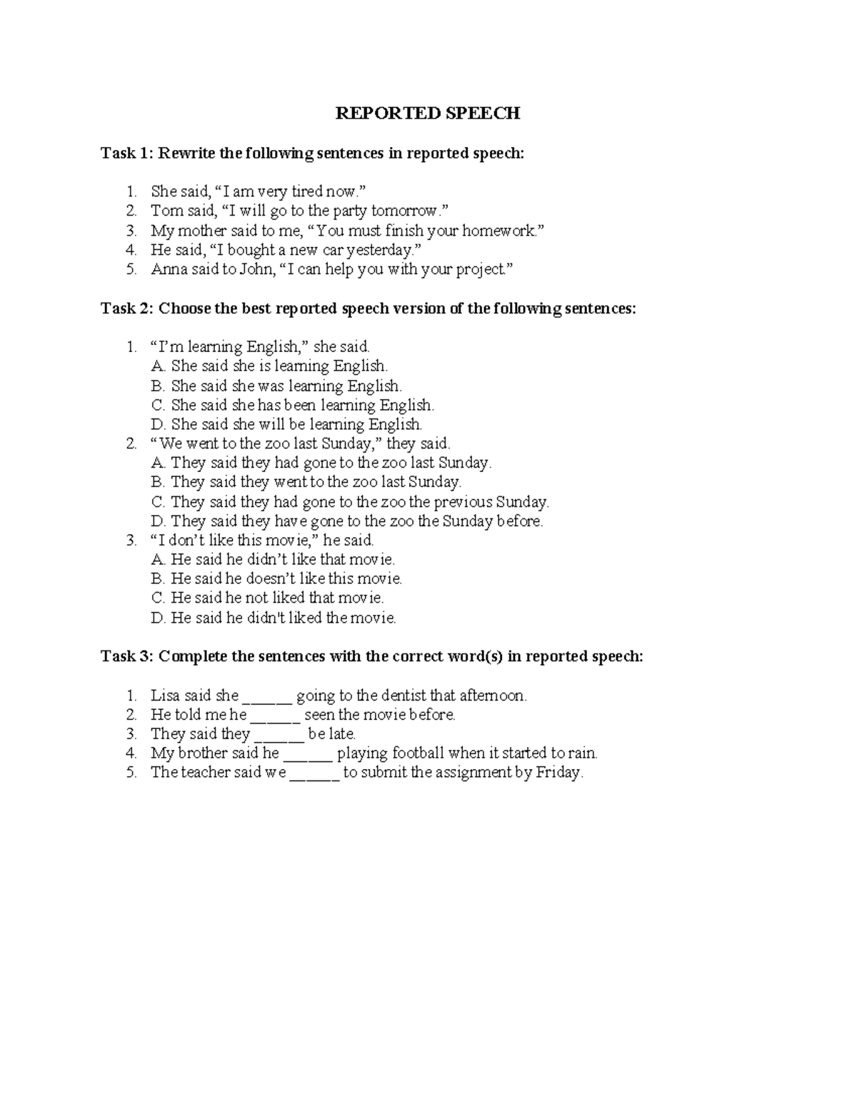 Reported Speech Quiz: Practice Tasks and Exercises - Studocu