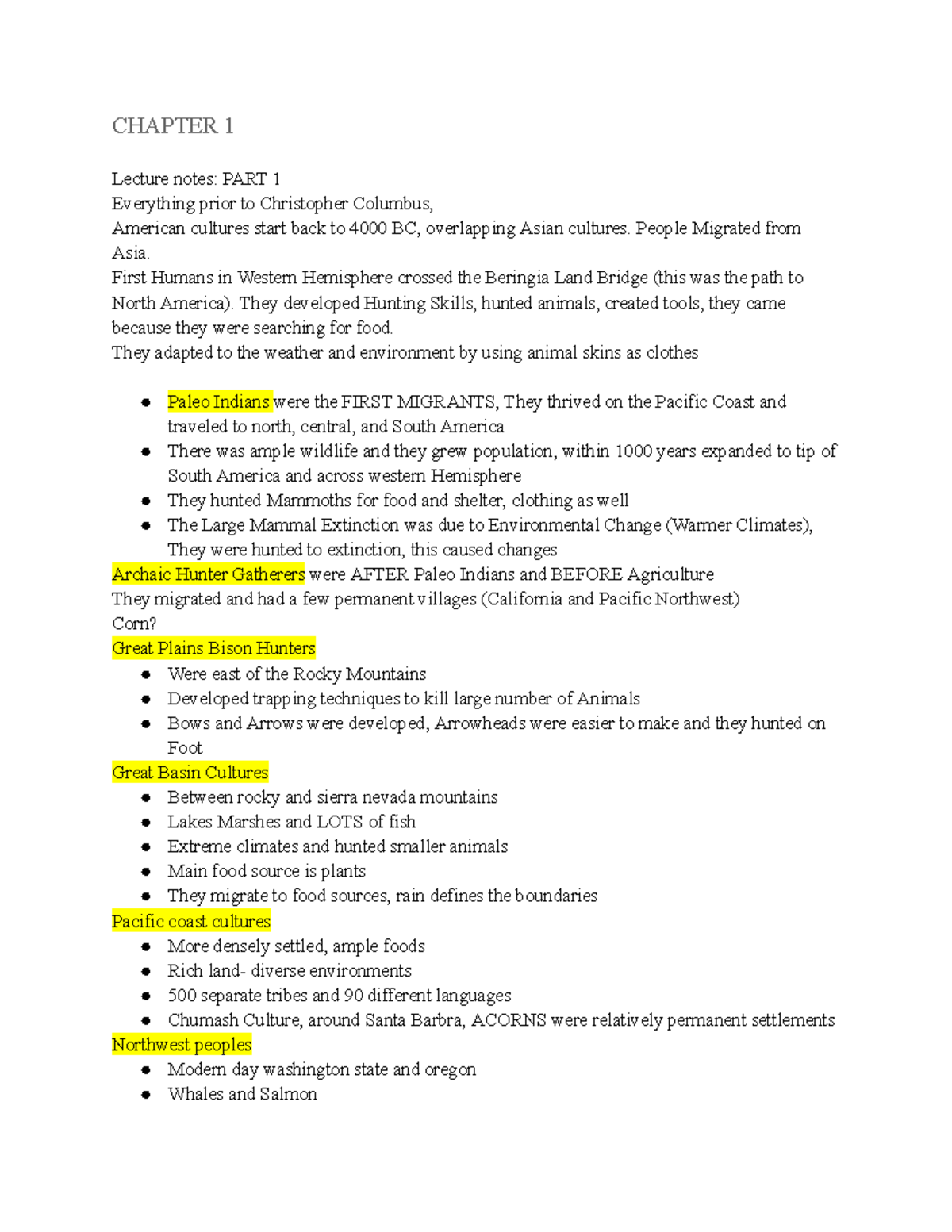HIST 101: Chapter 1 Lecture Notes - Pre-Columbian American Cultures ...