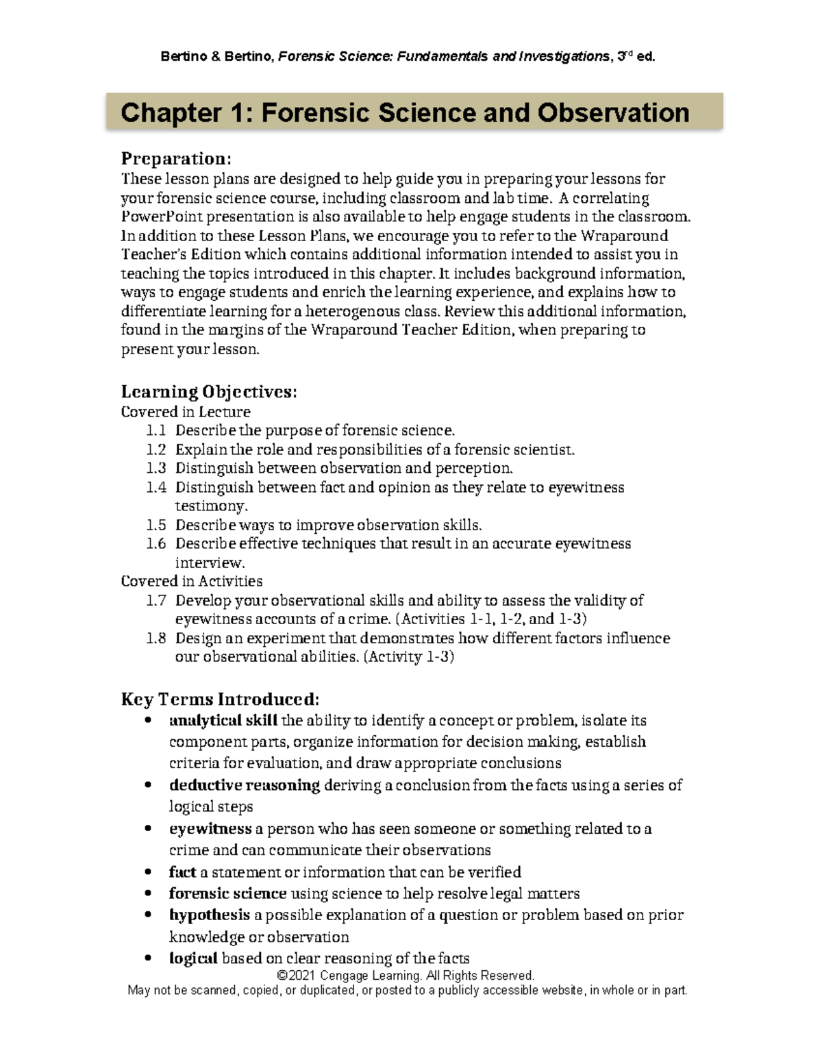 Forensic Science 3e: Chapter 1 Lesson Plans on Observation Skills - Studocu