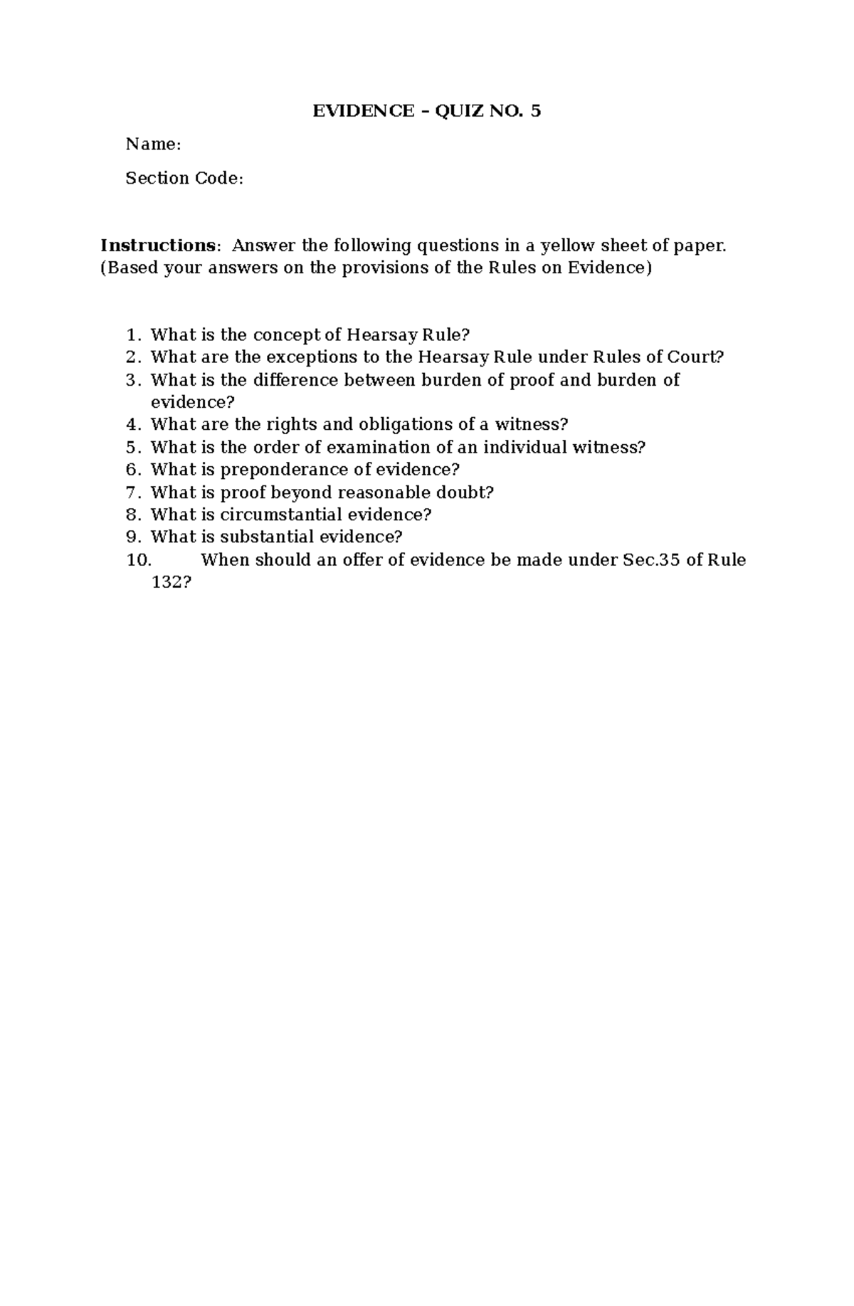 EVIDENCE QUIZ NO. 5: Key Concepts and Rules Explained - Studocu