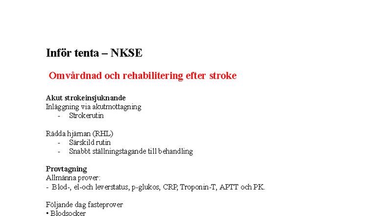 NKSE Tenta: Omvårdnad och Rehabilitering efter Stroke - Studocu