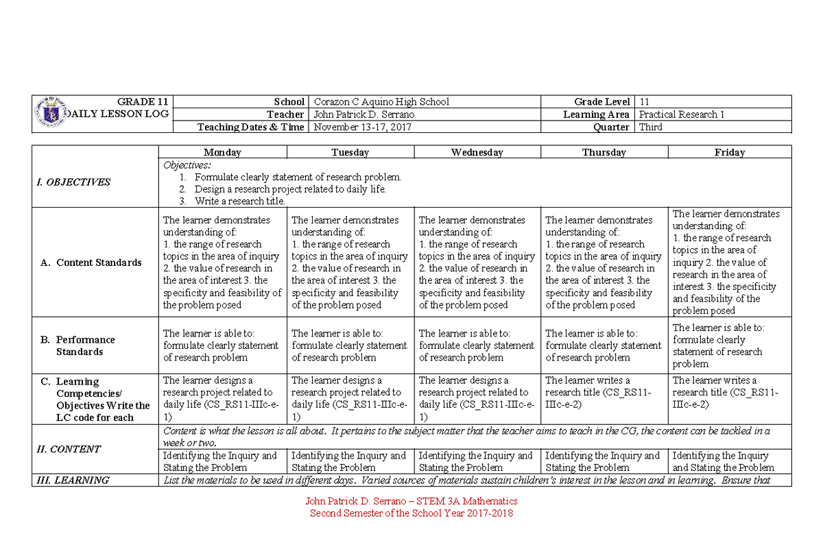 GRADE 11 STEM 3A: Lesson Plan on Research Problem Background - Studocu