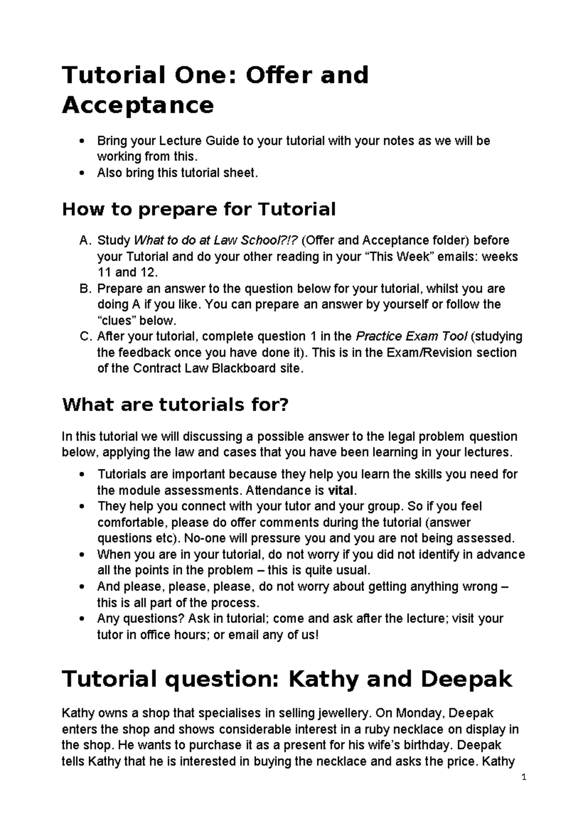 Contract Law Tutorial 1: Offer and Acceptance Analysis - Studocu
