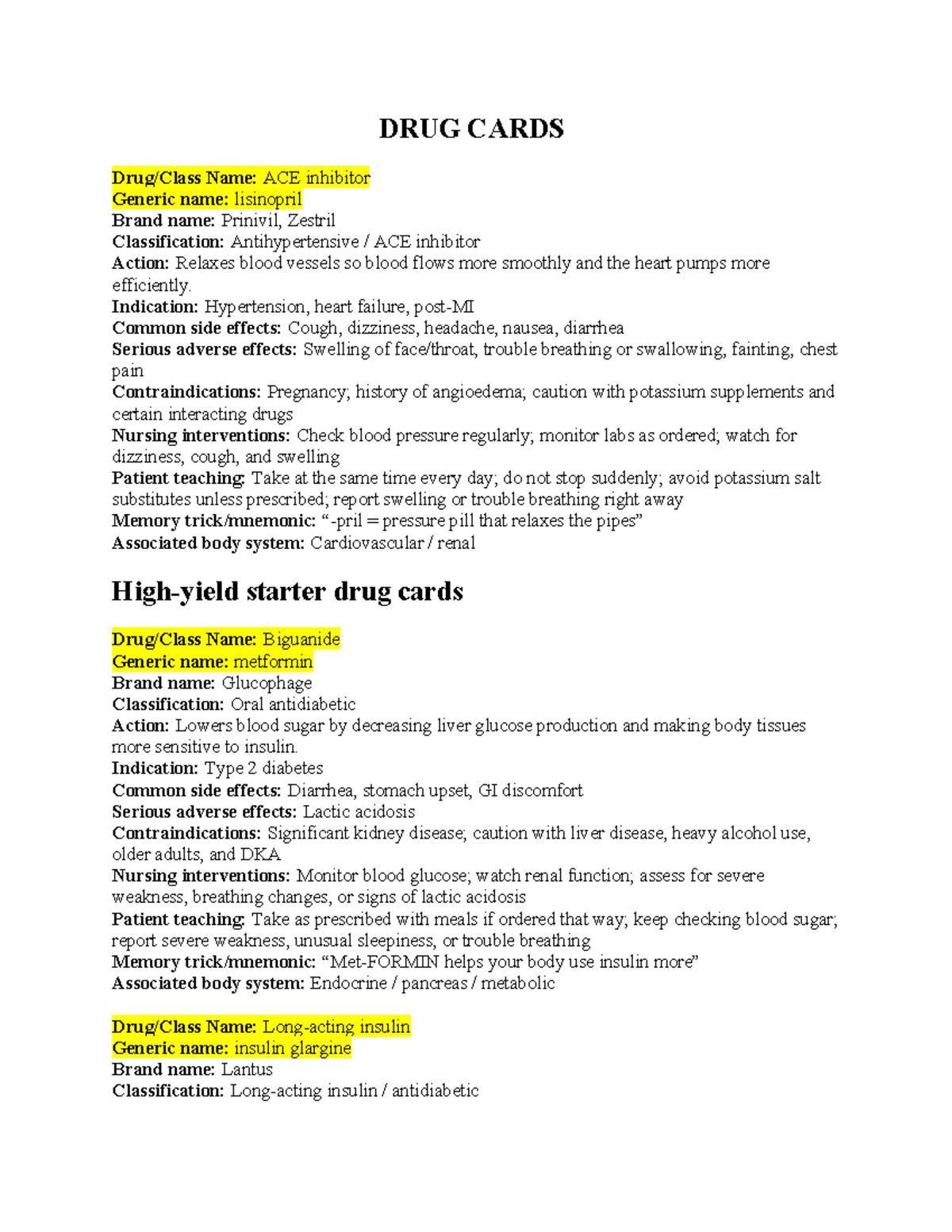 Nursing DRUG Cards: Key Info on Medications & Interventions - Studocu