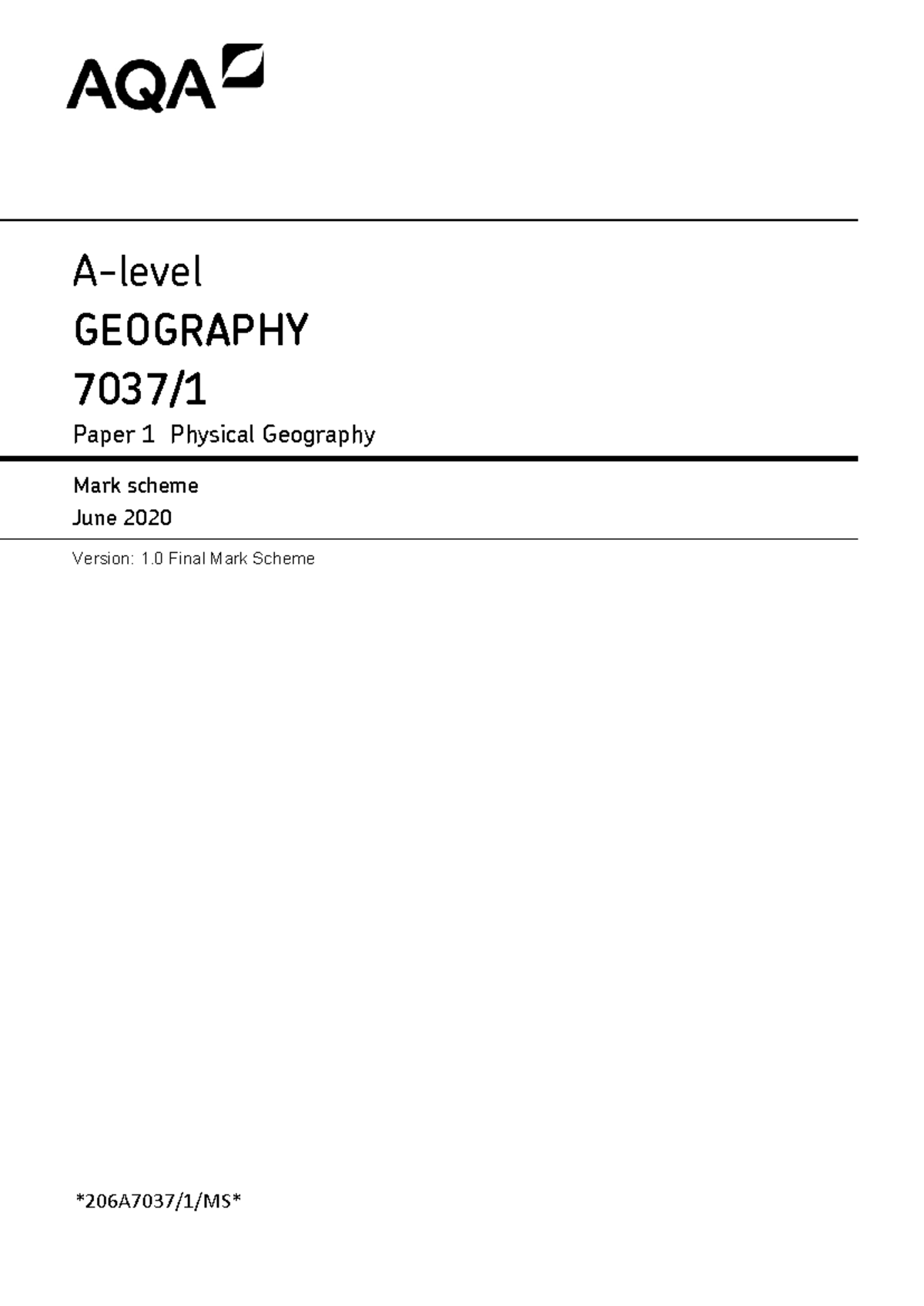 AQA 70371 W MS NOV20 - Geography Paper 1 Physical Geography Mark Scheme ...