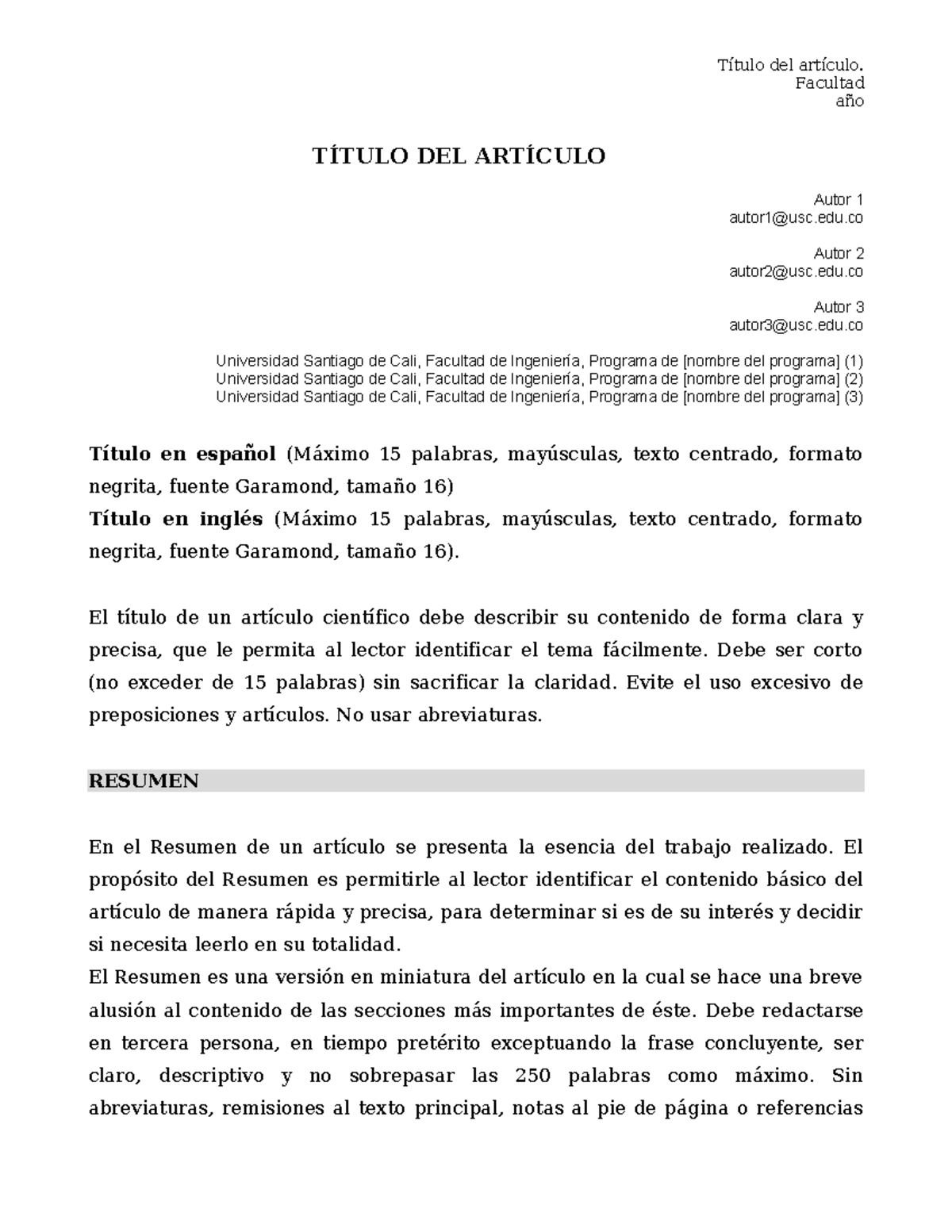 Plantilla Artículo de Investigación - Universidad Santiago de Cali - Document Preview