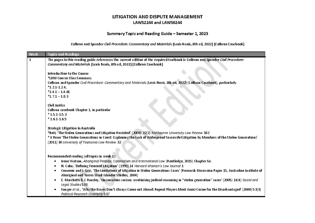 LAWS2244-6244 Semester 1, 2023 Reading Guide & Summary Topics - Studocu