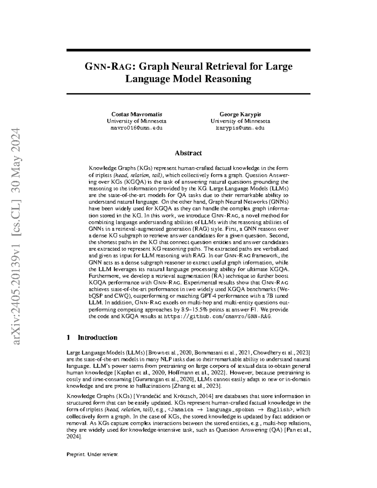 [GNN-RAG] Graph Neural Retrieval for Large Language Model Reasoning ...