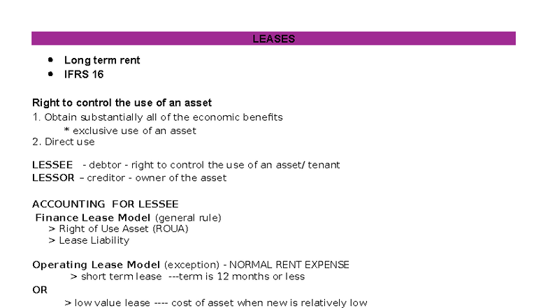 LEASES: Long-Term Rent & IFRS 16 Accounting Overview - Studocu