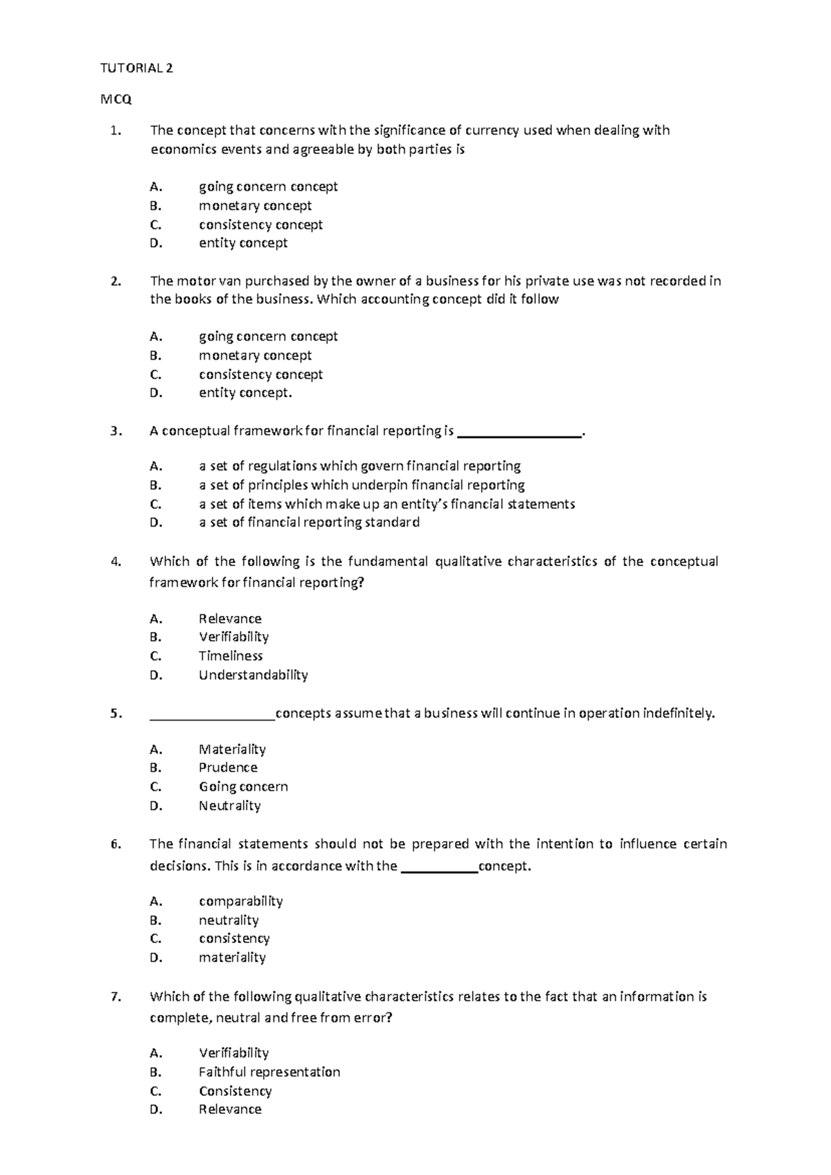 Acc 2 - Tutorial 2 MCQ Practice on Financial Reporting Concepts - Studocu