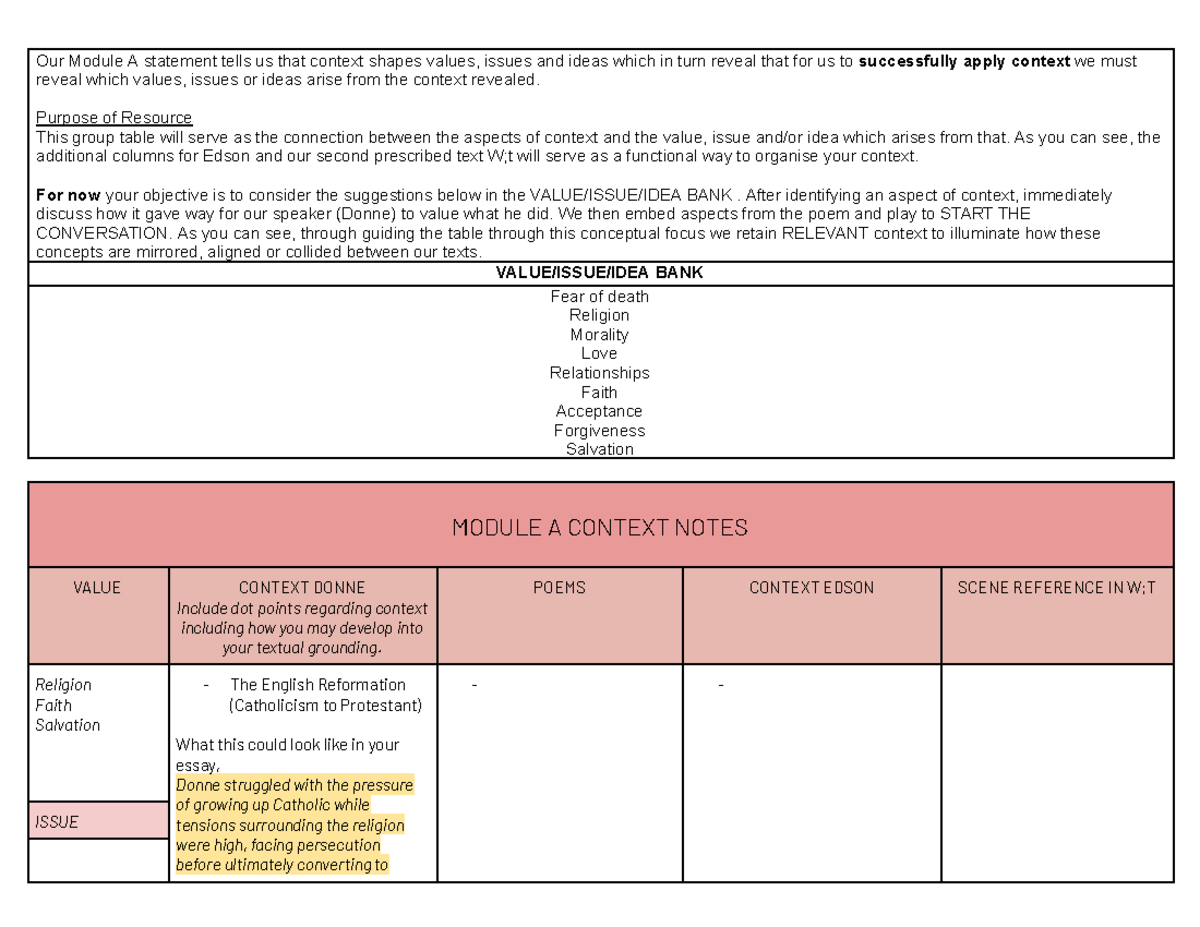Module A Context Notes - Donne & W;t Analysis - Studocu