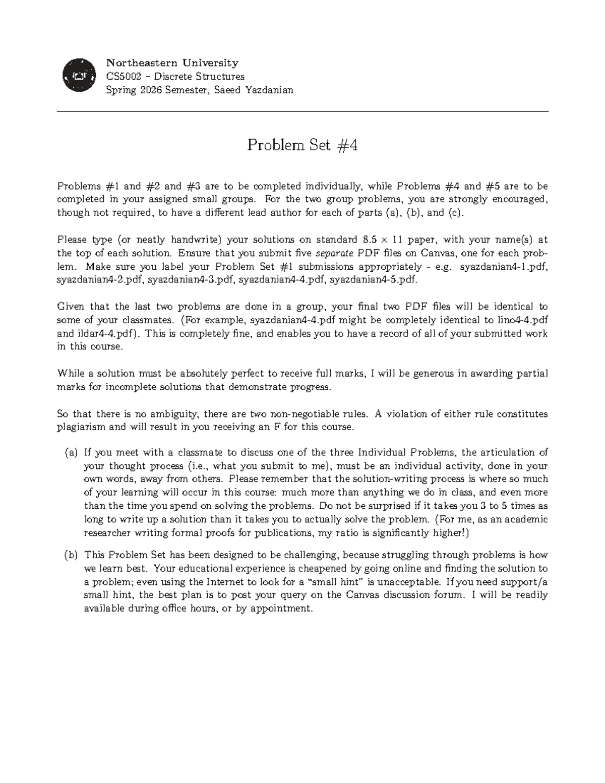 CS5002 Spring 2026 Problem Set 4: Individual & Group Problems - Studocu