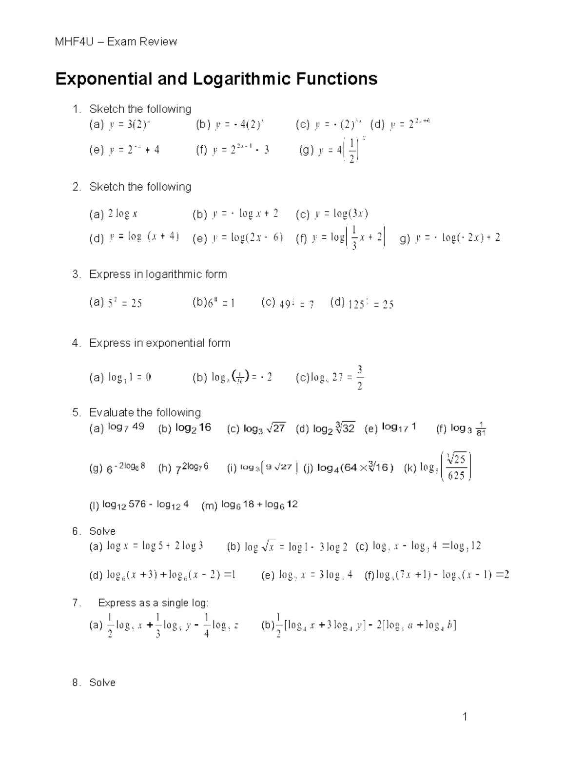 Exp and Log Functions Exam Review - Key Concepts & Practice - Studocu