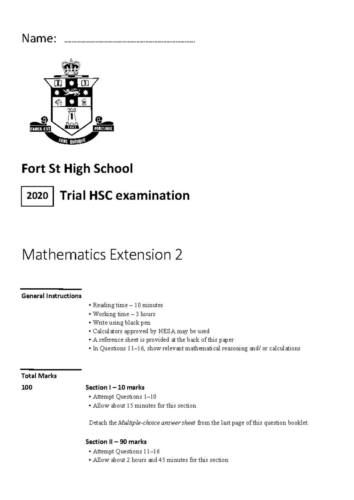 Fort St High School 2020 Trial HSC Mathematics Extension 2 Solutions ...