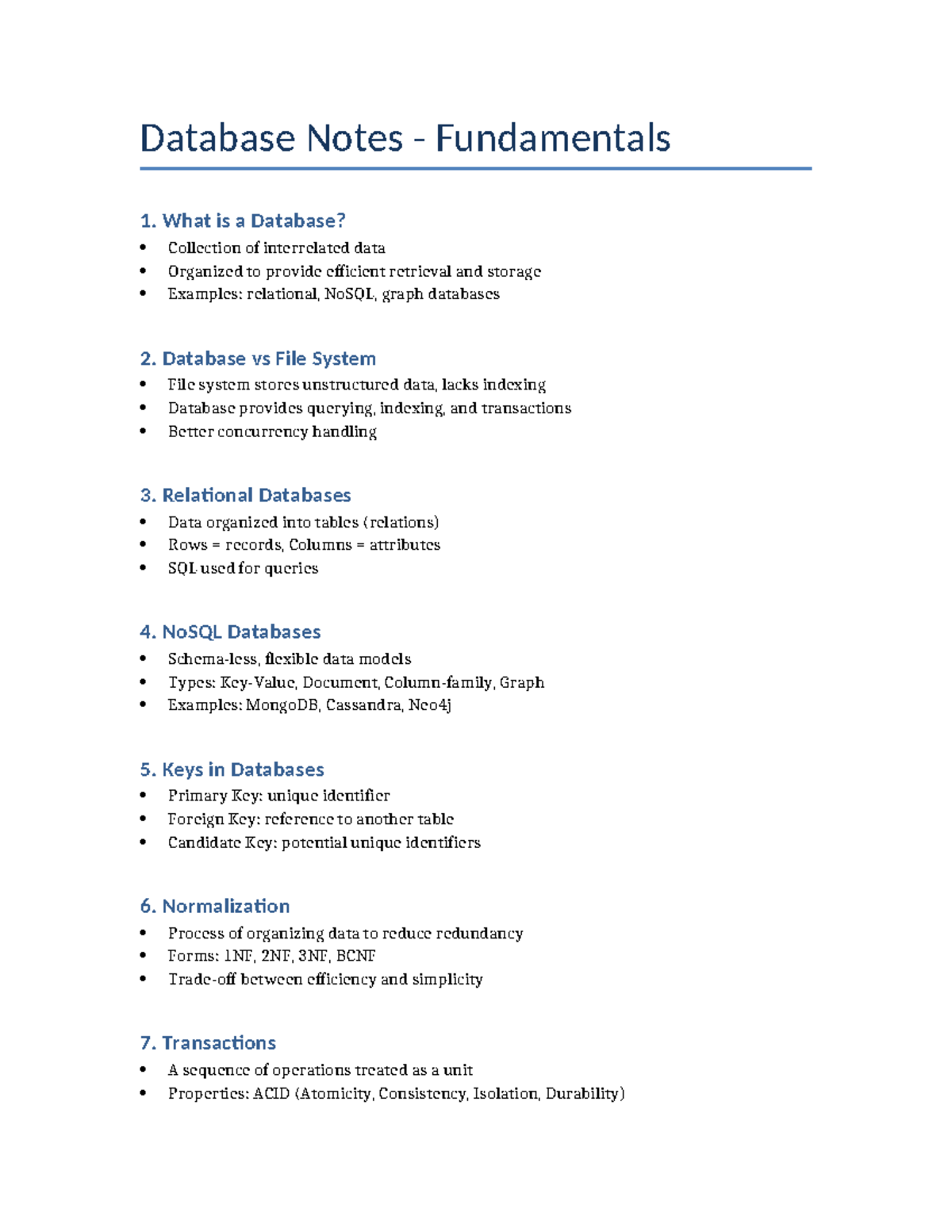 Database Notes: Fundamentals 1 - Key Concepts and Types - Studocu
