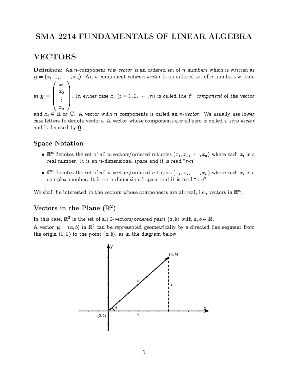 SMA 2214 Fundamentals of Linear Algebra: Vector Concepts and Operations ...