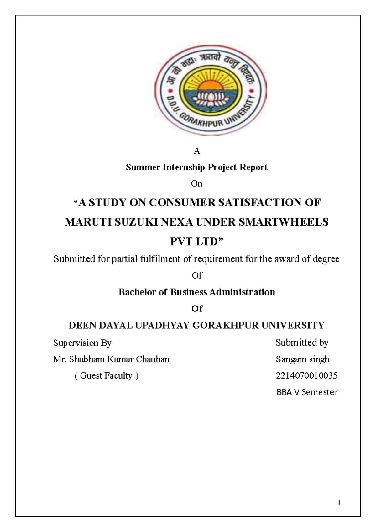 BBA V Sem Project Report: Consumer Satisfaction Study of Maruti Suzuki Nexa - Document Preview